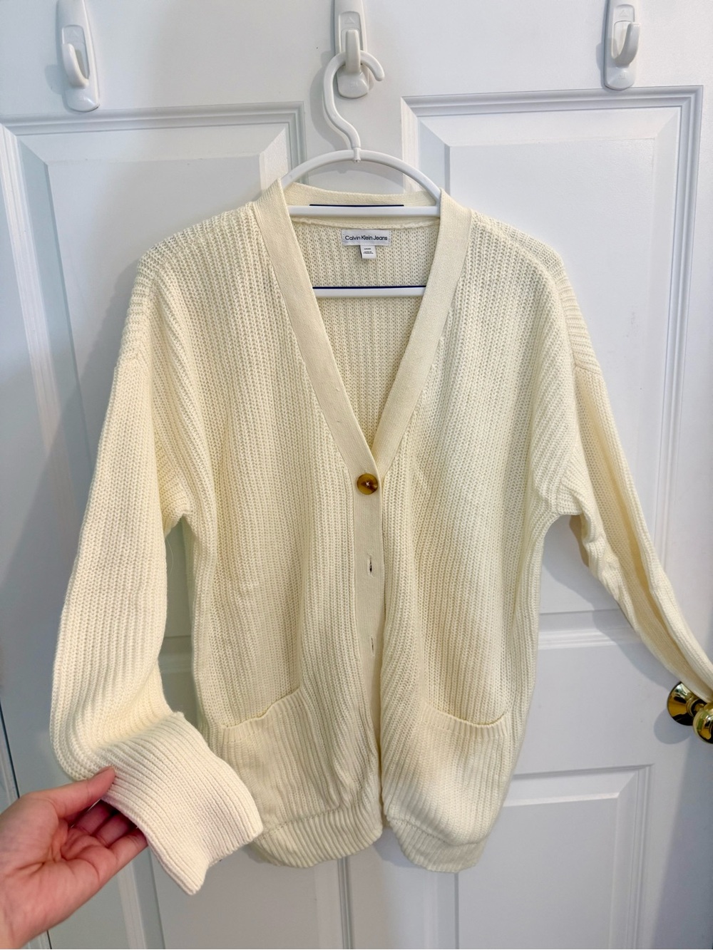 Calvin Klein Jeans Cream Ribbed V-Neck Cardigan with Pockets